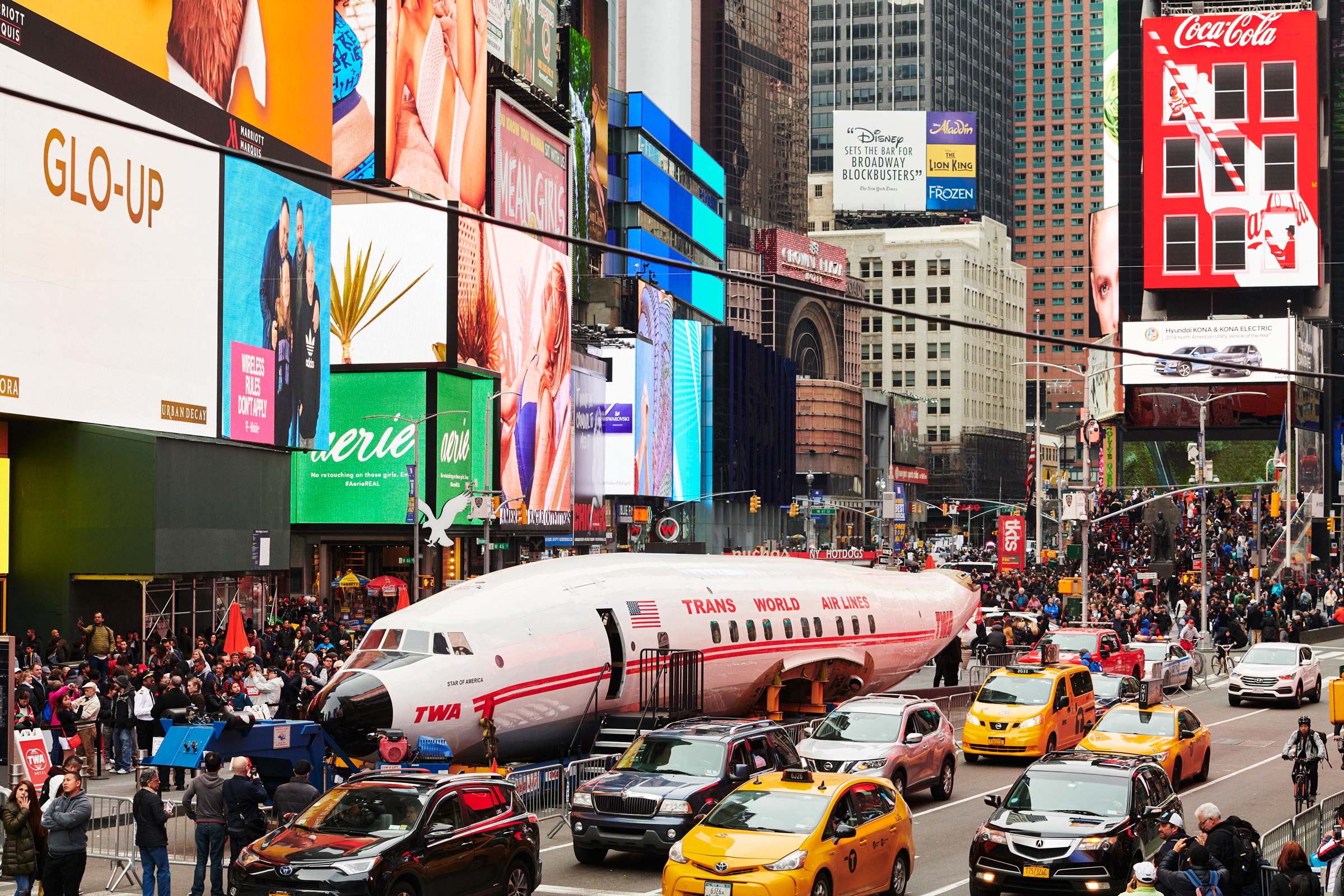 A true New York icon: Connie basks in the lights of Times Square on March 24, 2019.  