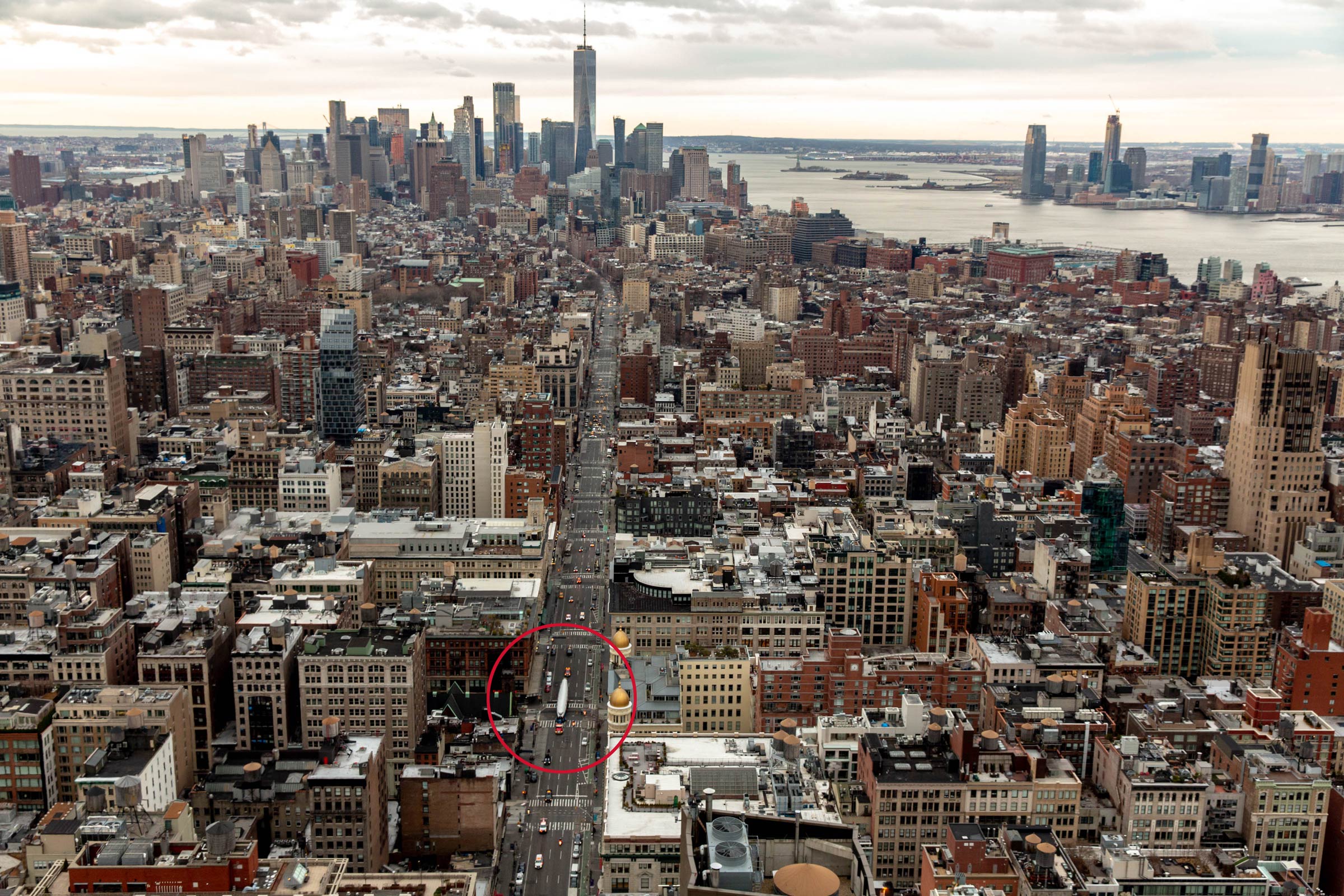 Bird’s-eye view! A helicopter captured this shot of Connie rolling up Avenue of the Americas on her way to Times Square on March 23, 2019. 