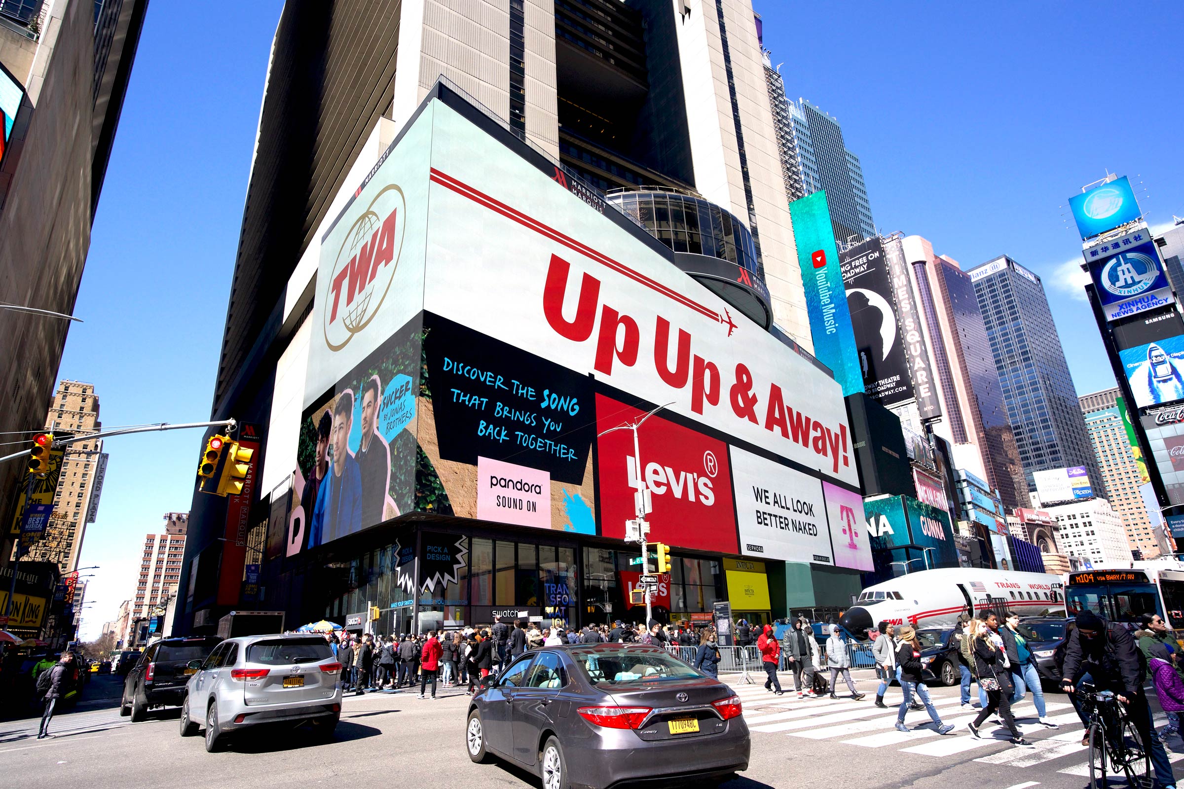 Connie’s billboard flashed TWA’s famous slogan — Up Up & Away — on March 23, 2019. 