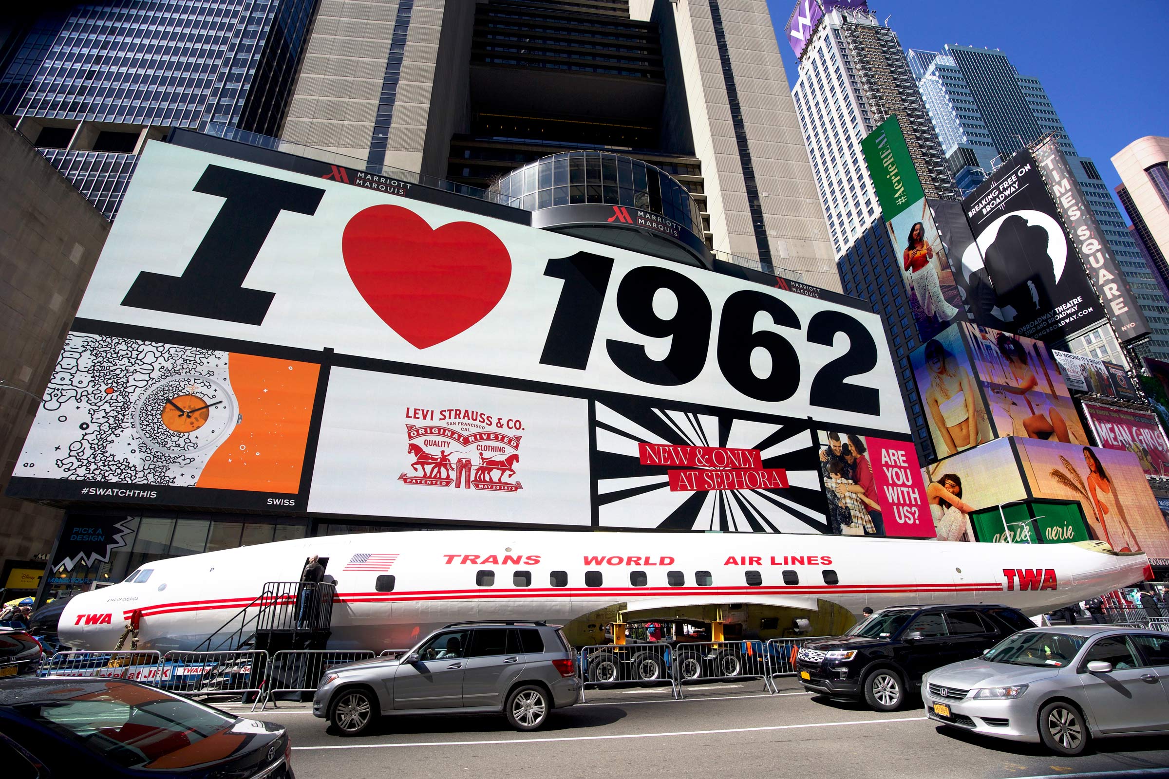 The TWA Hotel is inspired by 1962 — the year the landmark TWA terminal first opened — as Connie’s billboard references on March 23, 1019. 